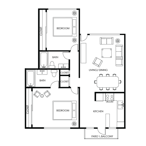Floor plan for 2 beds, 2 baths, 1160 sqft